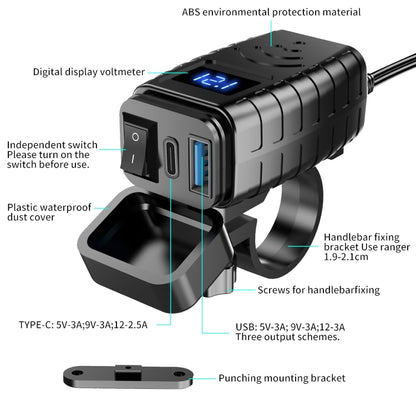 PD3.0 Motorcycle USB Mobile Phone Charger Digital Voltage Meter with Switch(Green Screen) - Battery Charger by buy2fix | Online Shopping UK | buy2fix