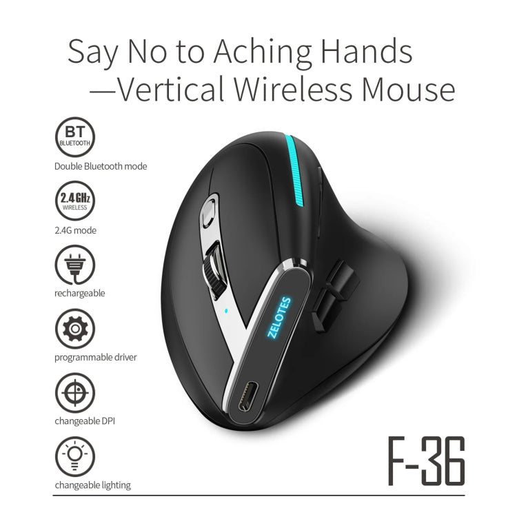 ZELOTES F36 9-Keys Vertical Grip Ergonomic Programming Dual Bluetooth + 2.4G Wireless Mouse(Black) - Wireless Mice by ZELOTES | Online Shopping UK | buy2fix