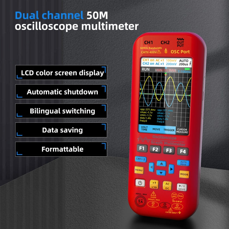 BSIDE O9 Digital Handheld Dual Channel 50MHz Oscilloscope Signal Source Multimeter, Spec: With Single Oscilloscope Probe (Red) - Digital Multimeter by BSIDE | Online Shopping UK | buy2fix