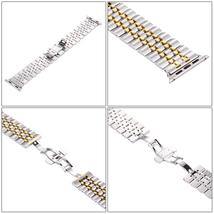 20mm Women Hidden Butterfly Buckle 7 Beads Stainless Steel Watch Band For Apple Watch 38mm(Silver Gold) - Watch Bands by buy2fix | Online Shopping UK | buy2fix