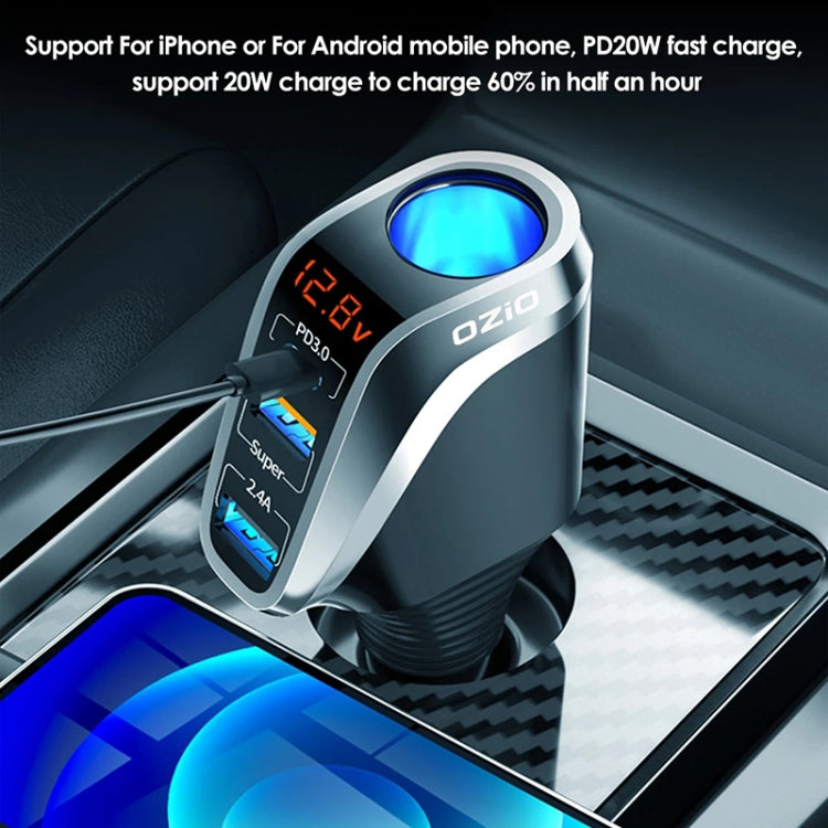 Ozio DY48TC 188W Type-C + USB Dual Port Multi-function Car Charger with Cigarette Lighter (Silver) - Car Charger by ozio | Online Shopping UK | buy2fix