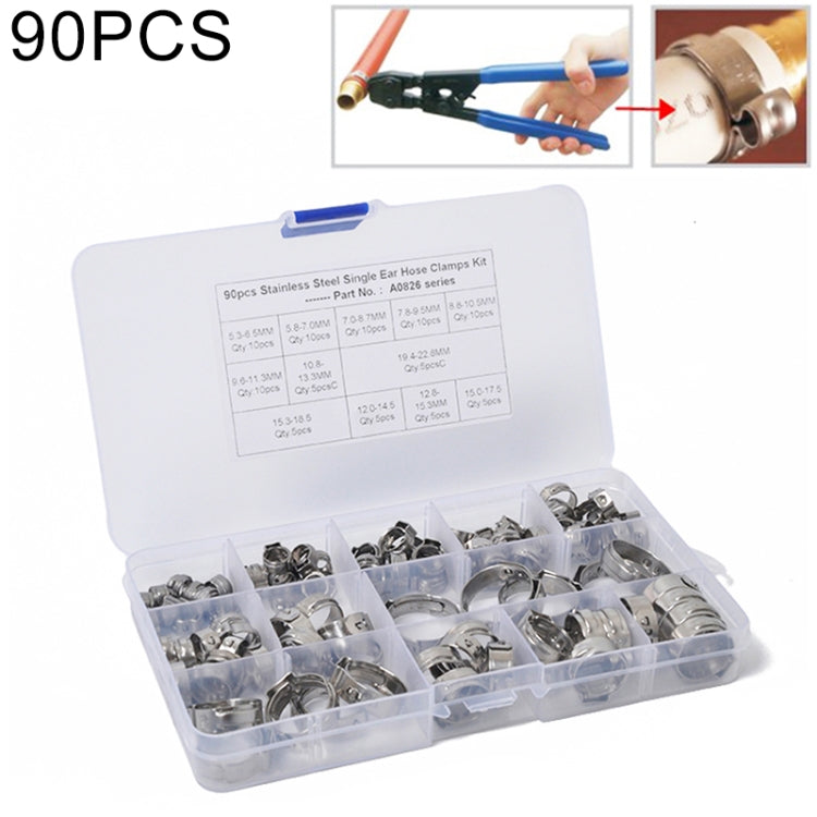 90 PCS Adjustable Single Ear Plus Stainless Steel Hydraulic Hose Clamps O-Clips Pipe Fuel Air, Inside Diameter Range: 5.3-22.6mm - In Car by buy2fix | Online Shopping UK | buy2fix