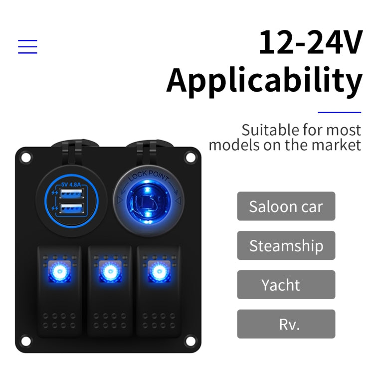 Multi-functional Combination Switch Panel 12V / 24V 3 Way Switches + Dual USB Charger for Car RV Marine Boat (Blue Light) - In Car by buy2fix | Online Shopping UK | buy2fix