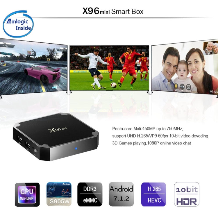 X96 mini 4K*2K UHD Output Smart TV BOX Player with Remote Controller without Wall Mount, Android 7.1.2 Amlogic S905W Quad Core ARM Cortex A53 2GHz, RAM: 2GB, ROM: 16GB, Supports WiFi, HDMI, TF(Black) - Consumer Electronics by buy2fix | Online Shopping UK | buy2fix