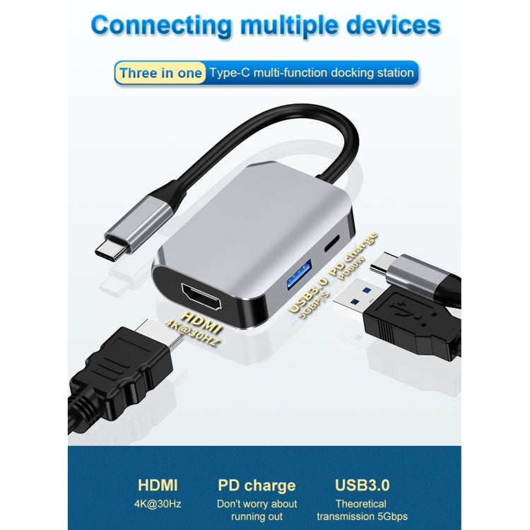 HW-6003 3 In 1 Type-C / USB-C to HDMI + PD + USB 3.0 Docking Station Adapter Converter(Grey) - Computer & Networking by buy2fix | Online Shopping UK | buy2fix