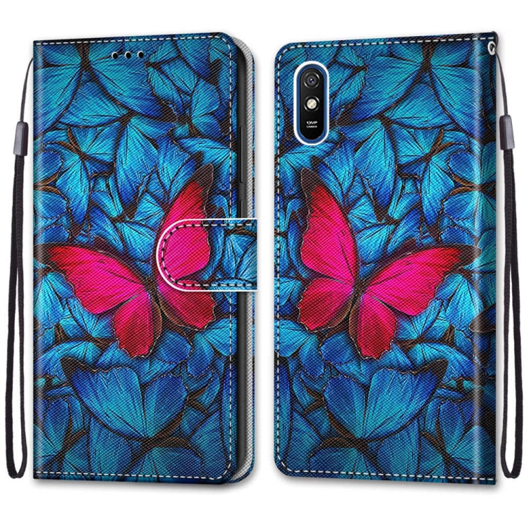 For Xiaomi Redmi 9A Coloured Drawing Cross Texture Horizontal Flip PU Leather Case with Holder & Card Slots & Wallet & Lanyard(Blue Red Butterfly) - Xiaomi Cases by buy2fix | Online Shopping UK | buy2fix