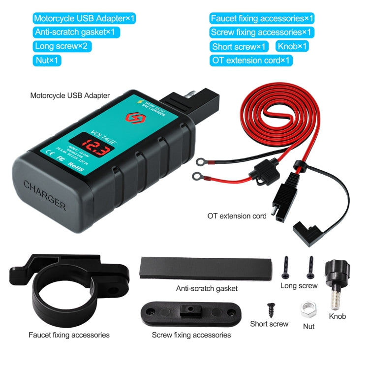 WUPP ZH-1422B3 DC12-24V Motorcycle Square Single USB + PD Fast Charging Charger with Switch + Voltmeter + Integrated SAE Socket + 1.4m OT Terminal Cable - Battery Charger by WUPP | Online Shopping UK | buy2fix