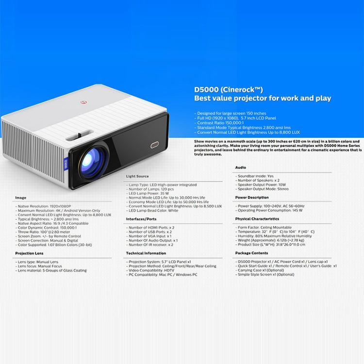 VIVIBRIGHT D5000 1920x1080P 420ANSI 6000Lumens LCD + LED HD Digital Projector, Basic Version EU Plug - Consumer Electronics by VIVIBRIGHT | Online Shopping UK | buy2fix