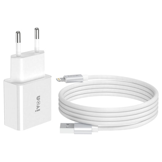 IVON AD-35 2 in 1 18W QC3.0 USB Port Travel Charger + 1m USB to 8 Pin Data Cable Set, EU Plug(White) - Apple Accessories by IVON | Online Shopping UK | buy2fix