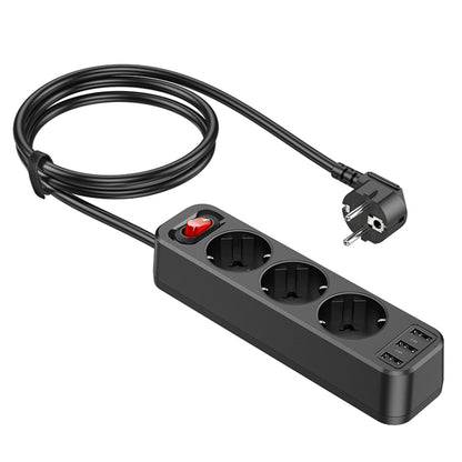 hoco NS2 3-position + 3-USB Extension Cord Socket, EU Plug(Black) - Consumer Electronics by hoco | Online Shopping UK | buy2fix