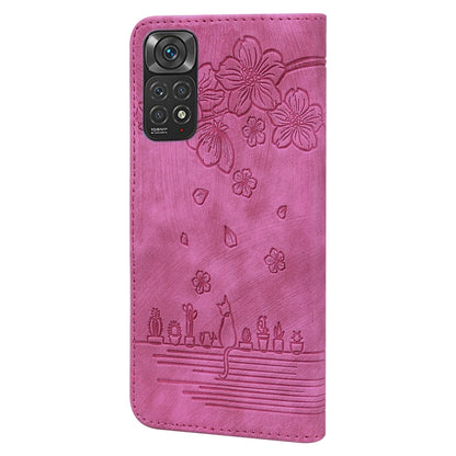 For Xiaomi Redmi Note 11 / Note 11S Global Cartoon Sakura Cat Embossed Leather Phone Case(Rose Red) - Xiaomi Cases by buy2fix | Online Shopping UK | buy2fix