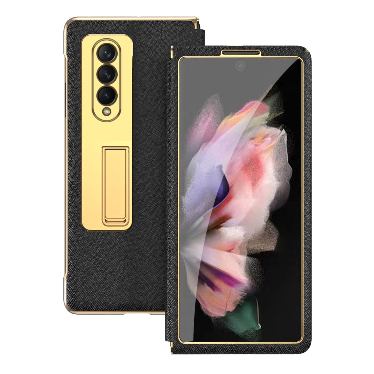 For Samsung Galaxy Z Fold4 Cross Texture Integrated Electroplating Hinge Flip Phone Case with Tempered Film(Black) - Galaxy Z Fold4 5G Cases by buy2fix | Online Shopping UK | buy2fix