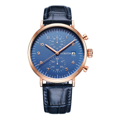 Ochstin 5076D Multifunctional Business Leather Waterproof Luminous Quartz Watch(Rose Gold+Blue) - Leather Strap Watches by OCHSTIN | Online Shopping UK | buy2fix