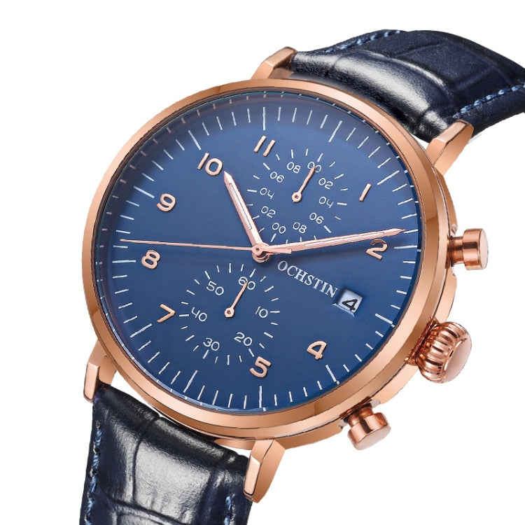 Ochstin 5076D Multifunctional Business Leather Waterproof Luminous Quartz Watch(Rose Gold+Blue) - Leather Strap Watches by OCHSTIN | Online Shopping UK | buy2fix