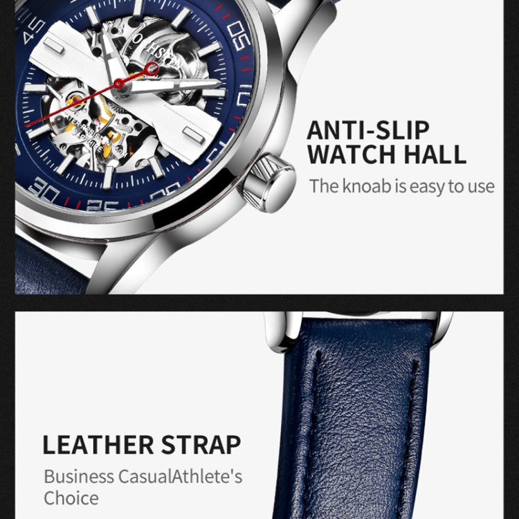 OCHSTIN 62002A Master Series Hollow Mechanical Men Watch(Silver-Blue) - Leather Strap Watches by OCHSTIN | Online Shopping UK | buy2fix