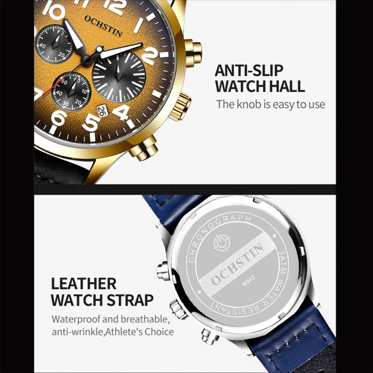 Ochstin 6042C Fashion Leather Waterproof Luminous Quartz Men Watch(Gradient Black Yellow) - Leather Strap Watches by OCHSTIN | Online Shopping UK | buy2fix