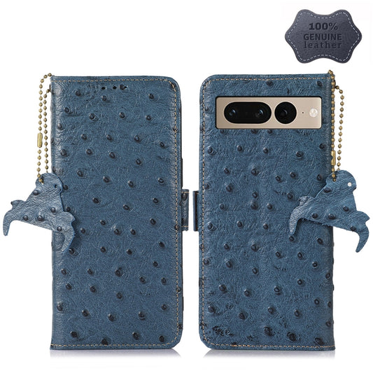 For Google Pixel 7 Pro Ostrich Pattern Genuine Leather RFID Phone Case(Blue) - Google Cases by buy2fix | Online Shopping UK | buy2fix