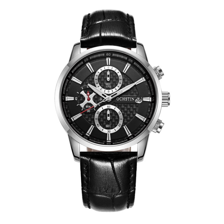 OCHSTIN 6085B Multifunctional Quartz Waterproof Men Leather Watch(Silver+Black) - Leather Strap Watches by OCHSTIN | Online Shopping UK | buy2fix