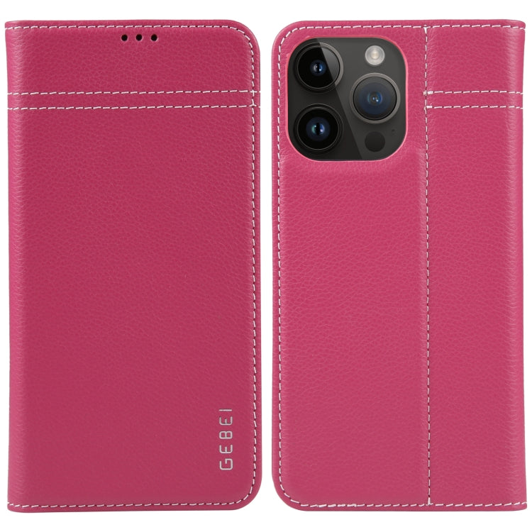 For iPhone 14 Pro GEBEI Top-grain Horizontal Flip Leather Phone Case(Rose Red) - iPhone 14 Pro Cases by GEBEI | Online Shopping UK | buy2fix