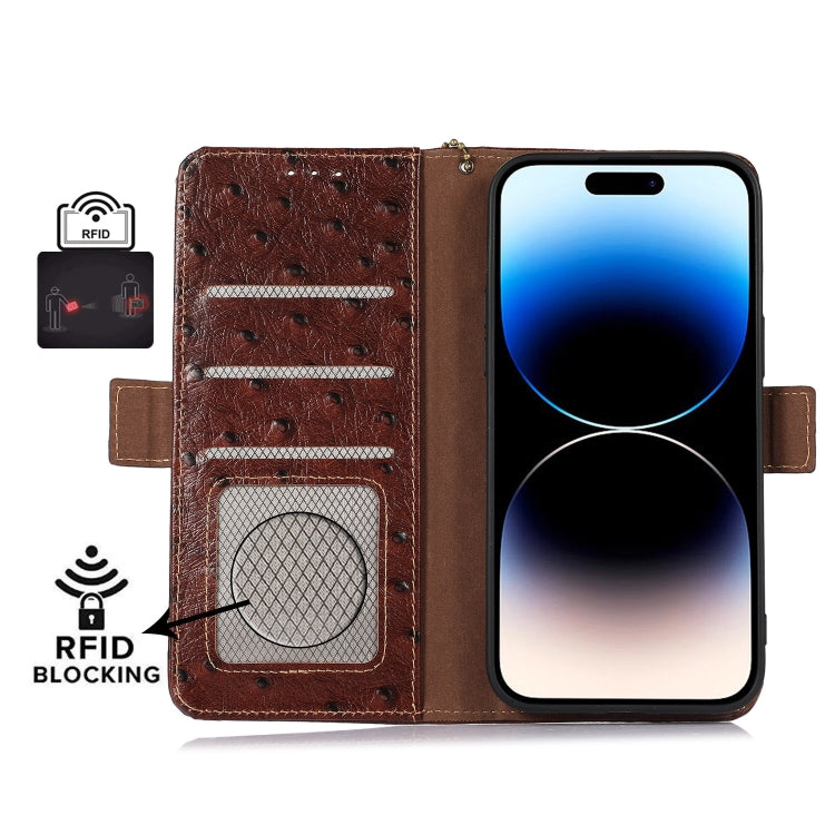 For Motorola Moto G73 5G Ostrich Pattern Genuine Leather RFID Phone Case(Coffee) - Motorola Cases by buy2fix | Online Shopping UK | buy2fix