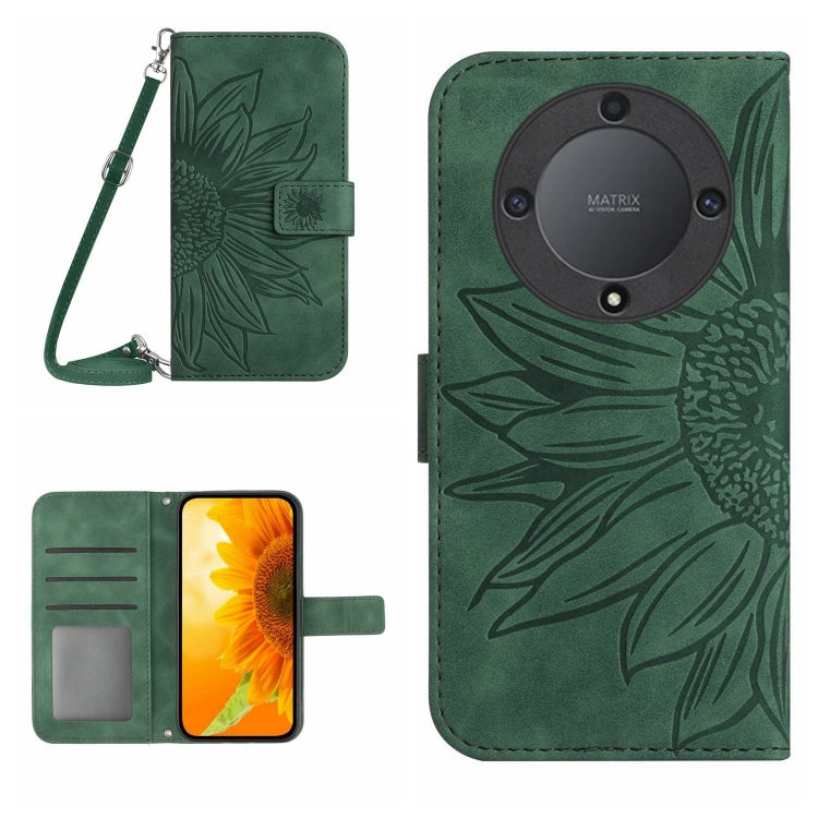 For Honor X9a 5G / Magic5 Lite Skin Feel Sun Flower Embossed Flip Leather Phone Case with Lanyard(Green) - Honor Cases by buy2fix | Online Shopping UK | buy2fix