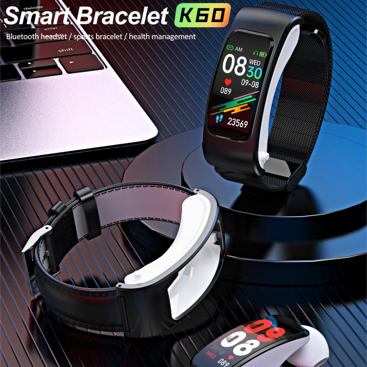 K60 1.08 inch Steel Band Earphone Detachable Life Waterproof Smart Watch Support Bluetooth Call(Black) - Smart Wear by buy2fix | Online Shopping UK | buy2fix