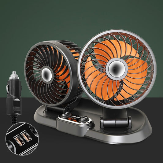 F622U Car Creative Folding Rotatable Double Head Electric Cooling Fan with Dual USB Charging Port, Style:24V Cigarette Lighter - In Car by buy2fix | Online Shopping UK | buy2fix