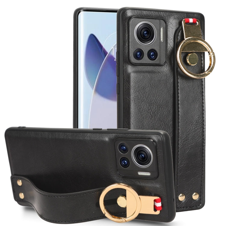 For Motorola Edge 30 Ultra Wristband Leather Back Phone Case(Black) - Motorola Cases by buy2fix | Online Shopping UK | buy2fix