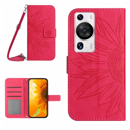 For Huawei P60 Pro Skin Feel Sun Flower Embossed Flip Leather Phone Case with Lanyard(Rose Red) - Huawei Cases by buy2fix | Online Shopping UK | buy2fix