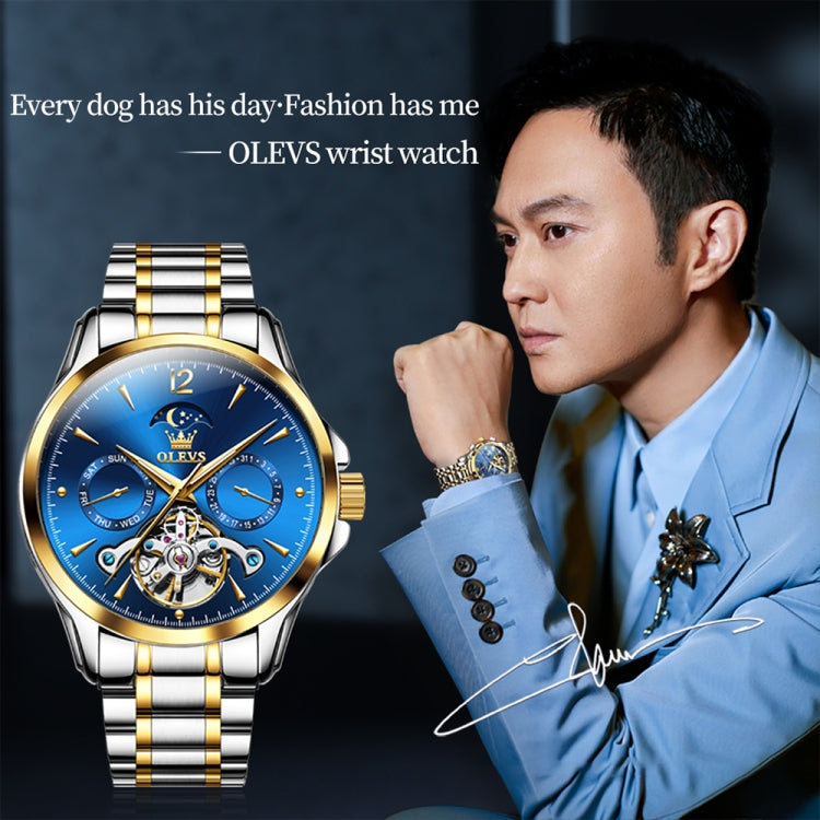 OLEVS 6663 Men Multifunctional Waterproof Hollow Steel Strap Mechanical Watch(Blue + Gold) - Metal Strap Watches by buy2fix | Online Shopping UK | buy2fix