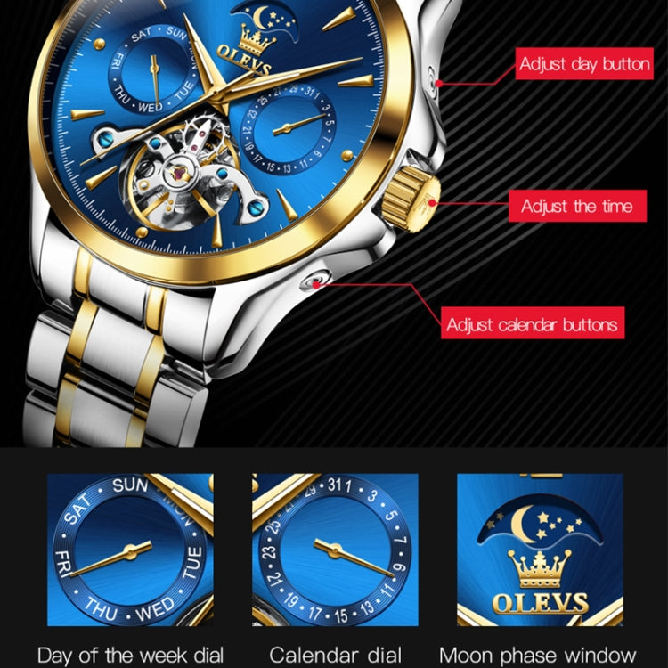 OLEVS 6663 Men Multifunctional Waterproof Hollow Steel Strap Mechanical Watch(Blue + Gold) - Metal Strap Watches by buy2fix | Online Shopping UK | buy2fix