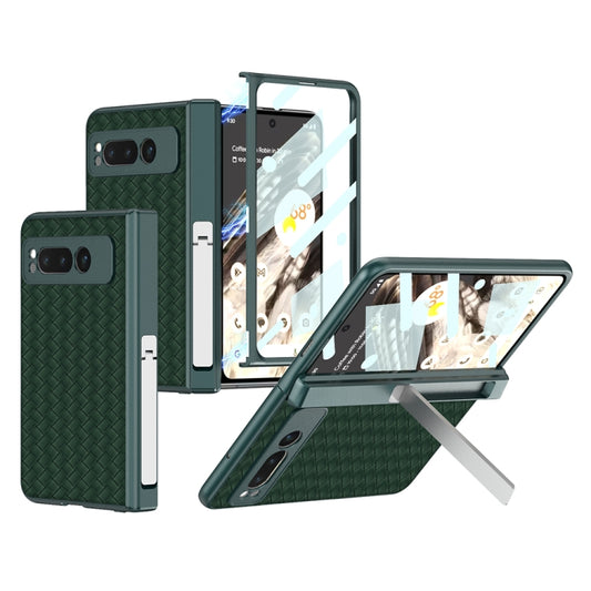 For Google Pixel Fold GKK Integrated Woven Folding Hinge Leather Phone Case with Holder(Green) - Google Cases by GKK | Online Shopping UK | buy2fix