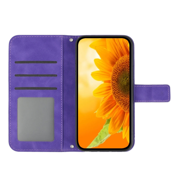 For iPhone 15 Skin Feel Sun Flower Embossed Flip Leather Phone Case with Lanyard(Dark Purple) - iPhone 15 Cases by buy2fix | Online Shopping UK | buy2fix