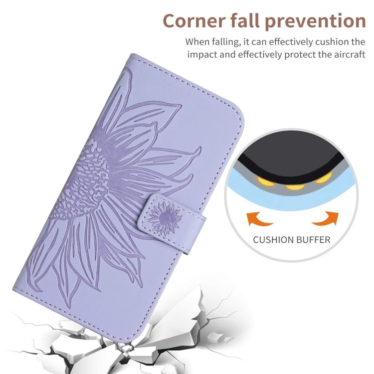 For iPhone 15 Pro Skin Feel Sun Flower Embossed Flip Leather Phone Case with Lanyard(Purple) - iPhone 15 Pro Cases by buy2fix | Online Shopping UK | buy2fix