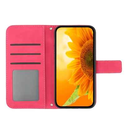 For iPhone 15 Pro Skin Feel Sun Flower Embossed Flip Leather Phone Case with Lanyard(Rose Red) - iPhone 15 Pro Cases by buy2fix | Online Shopping UK | buy2fix