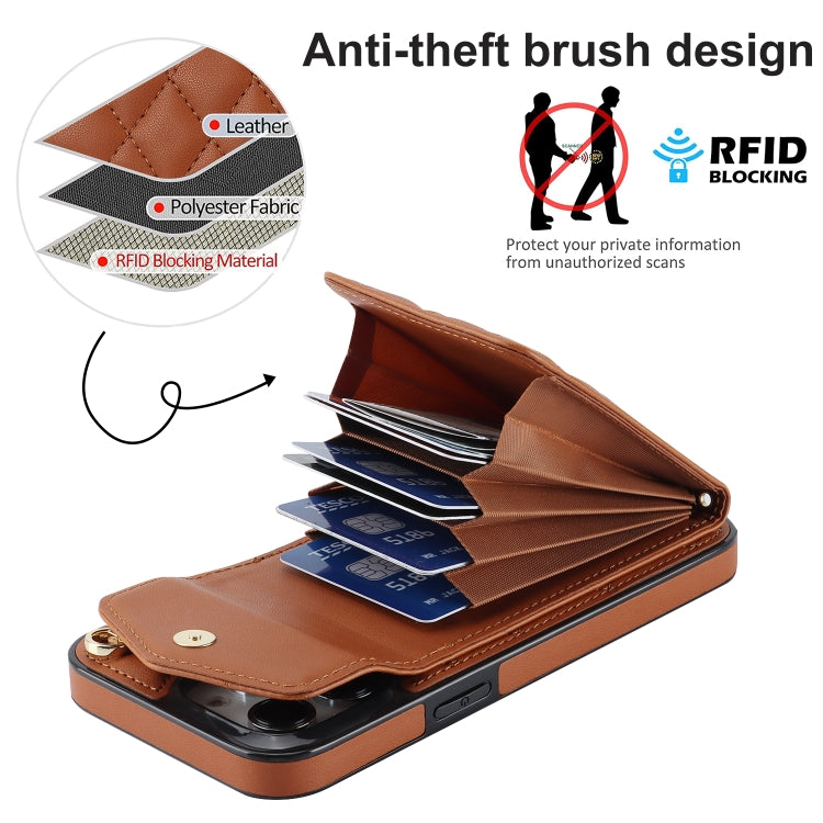 For iPhone 15 Pro Max Rhombic Texture Card Bag Phone Case with Long Lanyard(Brown) - iPhone 15 Pro Max Cases by buy2fix | Online Shopping UK | buy2fix