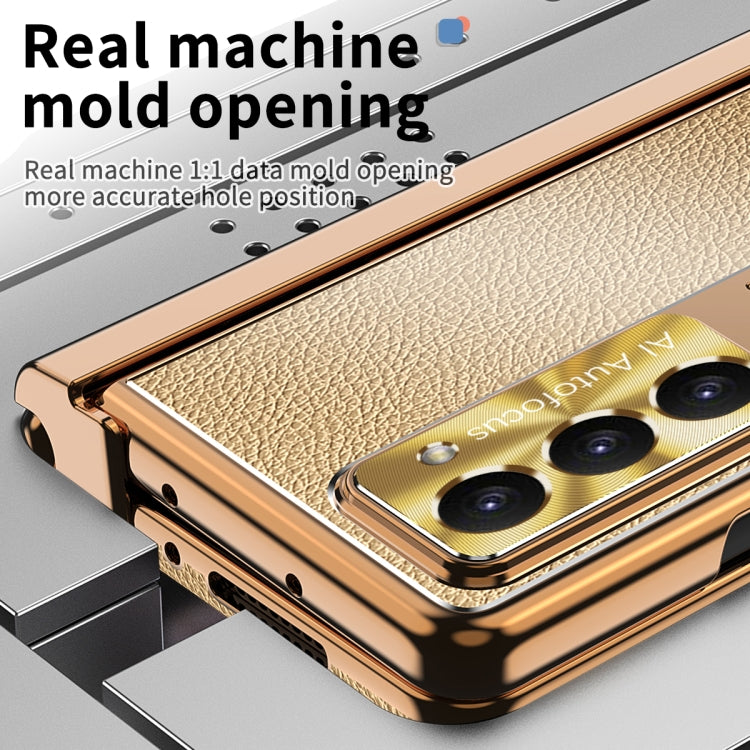 For Samsung Galaxy Z Fold5 Litchi Pattern Magnetic Shell Film Integrated Shockproof Phone Case(Gold) - Galaxy Z Fold5 Cases by buy2fix | Online Shopping UK | buy2fix