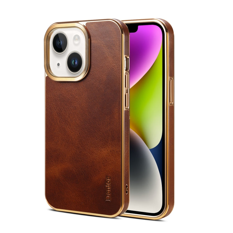 For iPhone 14 Plus Denior Oil Wax Cowhide Plating Phone Case(Brown) - iPhone 14 Plus Cases by Denior | Online Shopping UK | buy2fix