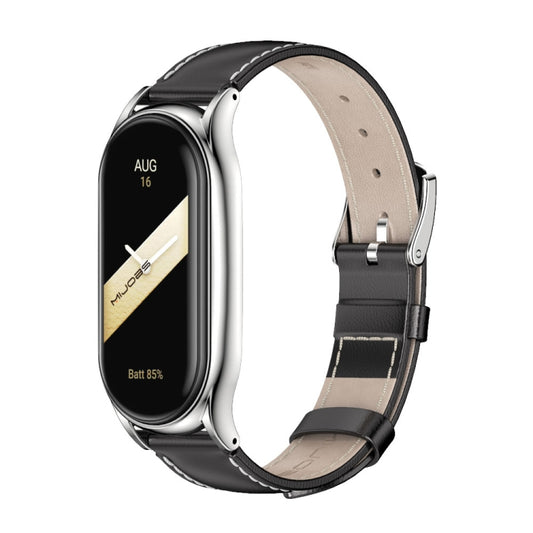 For Xiaomi Mi Band 8 Mijobs Plus Case Genuine Leather Watch Band(Black Silver) - Watch Bands by MIJOBS | Online Shopping UK | buy2fix