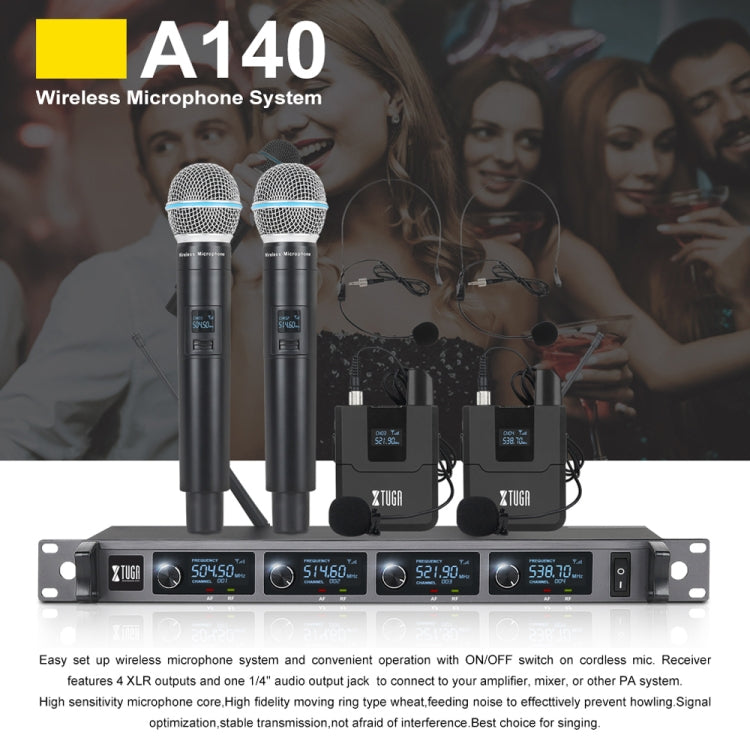 XTUGA A140-H Wireless Microphone System 4 Channel UHF Handheld Microphone(US Plug) - Microphone by XTUGA | Online Shopping UK | buy2fix