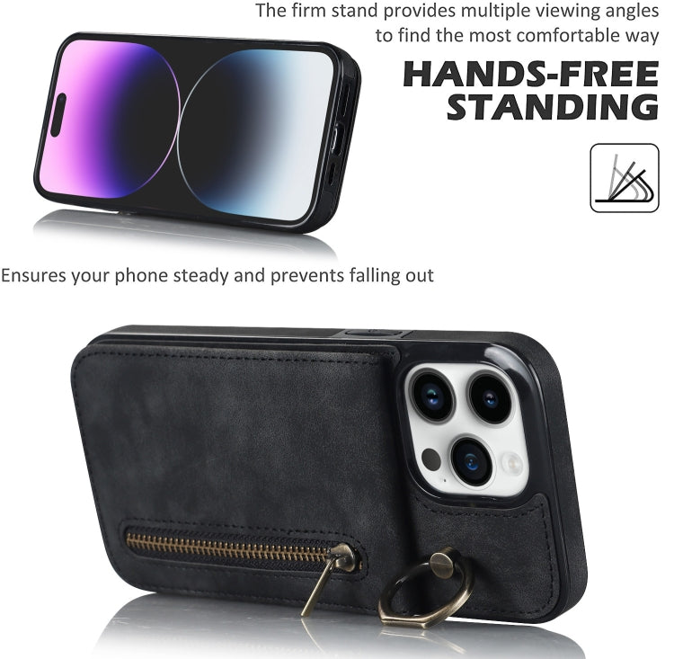 For iPhone 15 Pro Max Retro Ring and Zipper RFID Card Slot Phone Case(Black) - iPhone 15 Pro Max Cases by buy2fix | Online Shopping UK | buy2fix