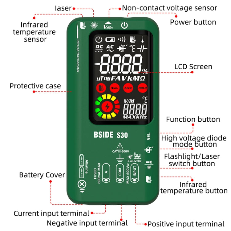BSIDE S30 Smart Color Screen Infrared Temperature Measurement Multimeter(Green) - Digital Multimeter by BSIDE | Online Shopping UK | buy2fix