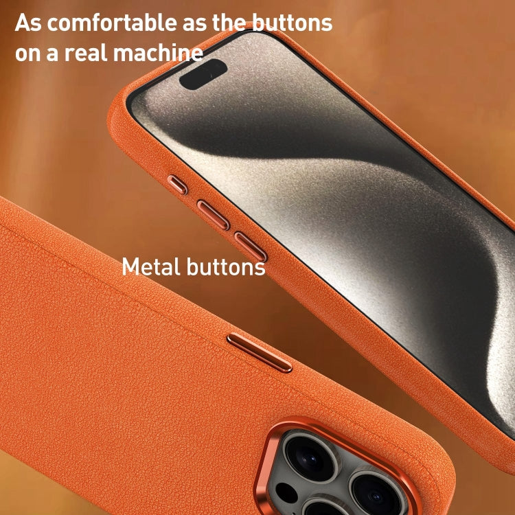 For iPhone 15 Plus Metal Lens Frame Leather Magsafe Full Coverage Shockproof Phone Case(Orange) - iPhone 15 Plus Cases by buy2fix | Online Shopping UK | buy2fix