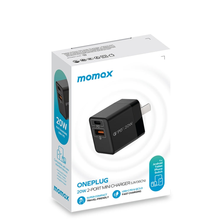 MOMAX UM36 PD 20W USB-C / Type-C + USB Fast Charger Power Adapter, CN Plug(Black) - USB Charger by MOMAX | Online Shopping UK | buy2fix