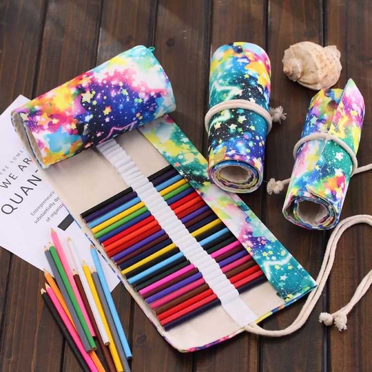 48 Slots Starry Sky Print Pen Bag Canvas Pencil Wrap Curtain Roll Up Pencil Case Stationery Pouch - Home & Garden by buy2fix | Online Shopping UK | buy2fix