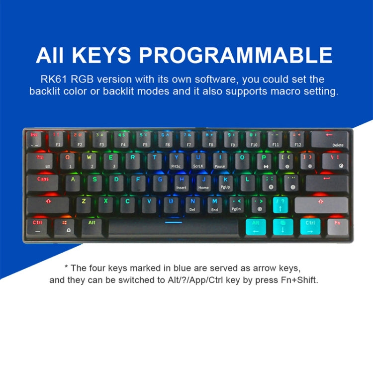 RK61 61 Keys Bluetooth / 2.4G Wireless / USB Wired Three Modes Blue Switch Tablet Mobile Gaming Mechanical Keyboard with RGB Backlight, Cable Length: 1.5m (Black) - Wired Keyboard by buy2fix | Online Shopping UK | buy2fix