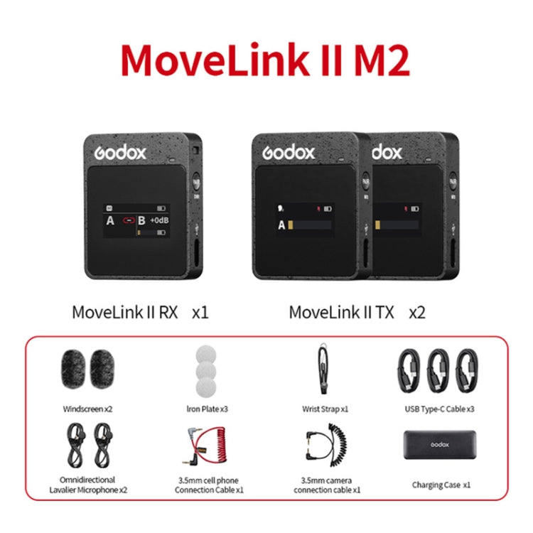 Godox MoveLink II M2 Wireless Lavalier Microphone System with 2 Transmitters and 1 Receiver for DSLR Cameras and Camcorders (Black) - Camera Microphone by Godox | Online Shopping UK | buy2fix