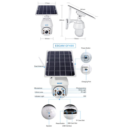 ESCAM QF480 EU Version HD 1080P IP66 Waterproof 4G Solar Panel PT IP Camera without Battery, Support Night Vision / Motion Detection / TF Card / Two Way Audio (White) - Security by ESCAM | Online Shopping UK | buy2fix