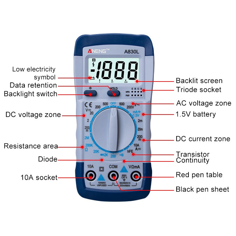 ANENG A830L Handheld Multimeter Household Electrical Instrument (Yellow Grey) - Current & Voltage Tester by ANENG | Online Shopping UK | buy2fix