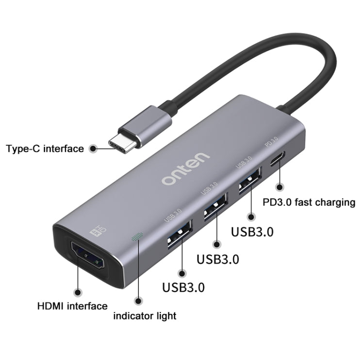 Onten OT-95123 5 in 1 Multifunctional Type-C + USB + HDMI Docking Station, Cable Length: 145mm(Silver) - USB HUB by Onten | Online Shopping UK | buy2fix